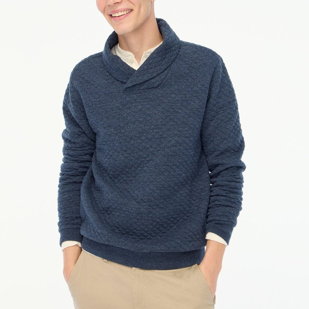 NWOT J.Crew Quilted Shawl Collar Blue Nebula  Men’s Pullover Sweater Sze S BU376